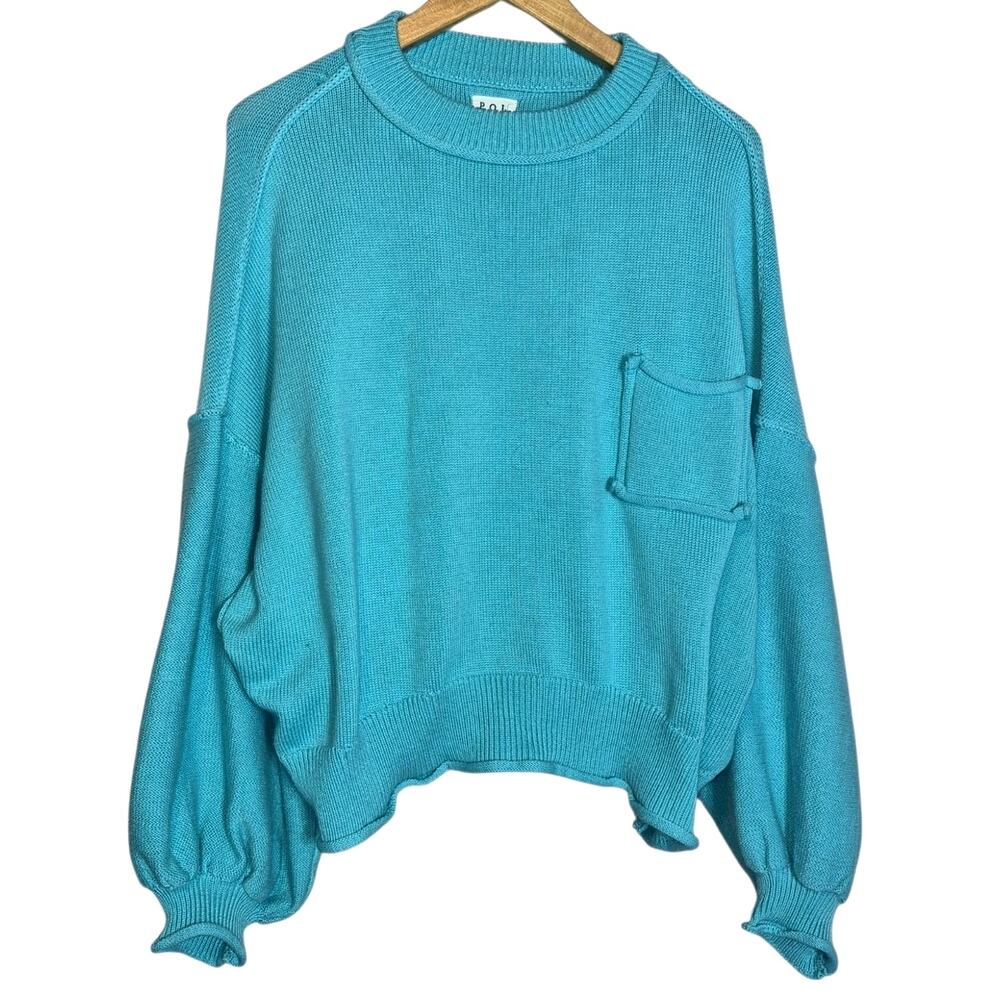 POL Changing Season Oversized Women's Crew Cropped Sweater Rolling Edge Teal L